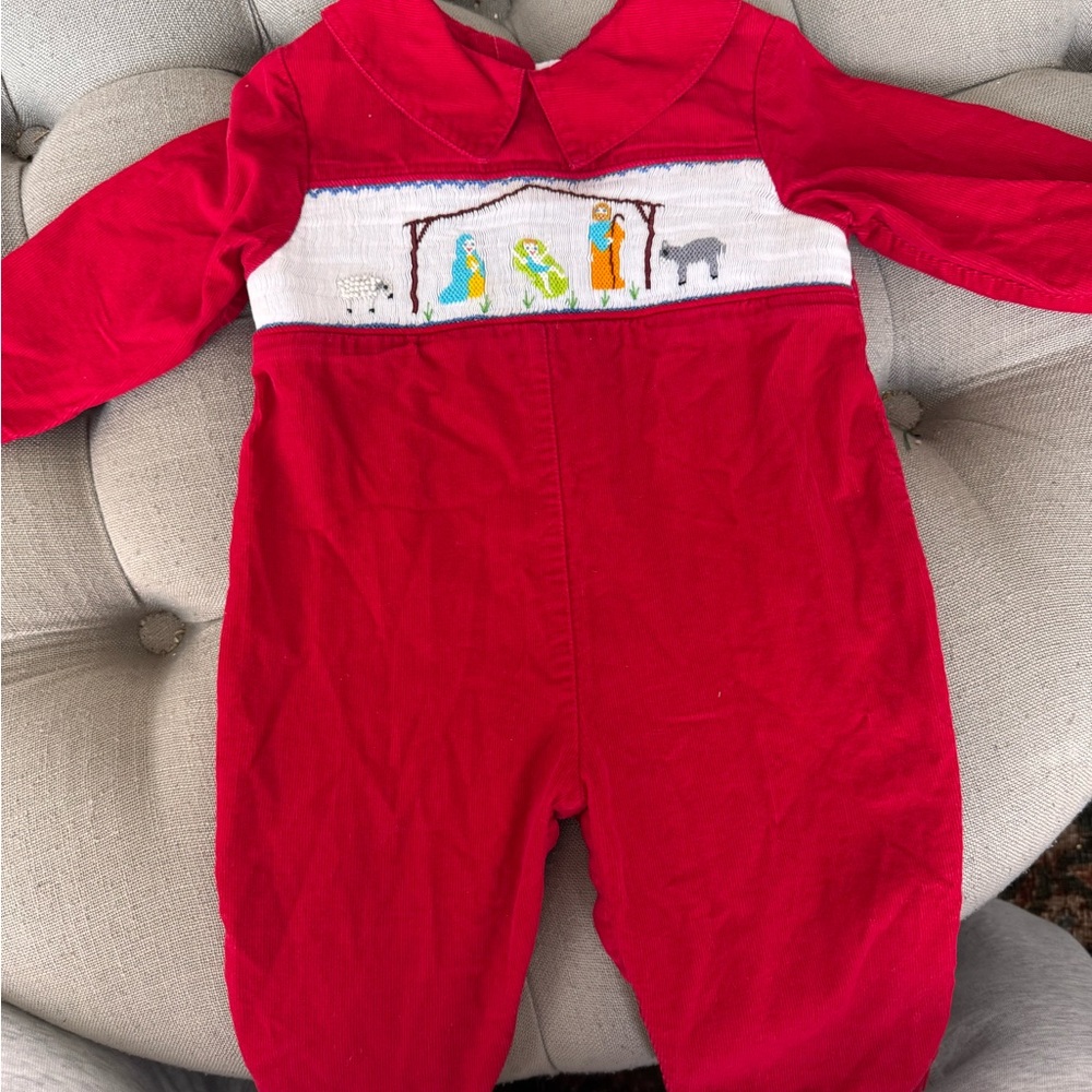 Red smocked collared nativity corduroy  9 months fits more like 6 months